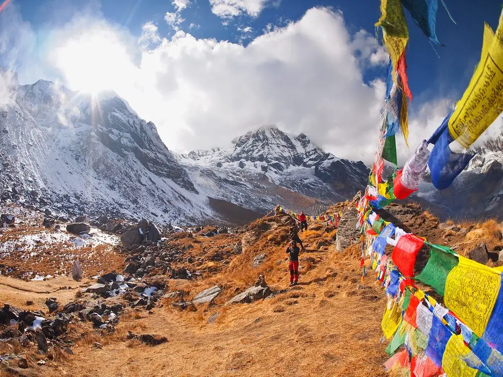 Tibetan prayer flags on the trail at 4,200 metres near Annapurna Base Camp