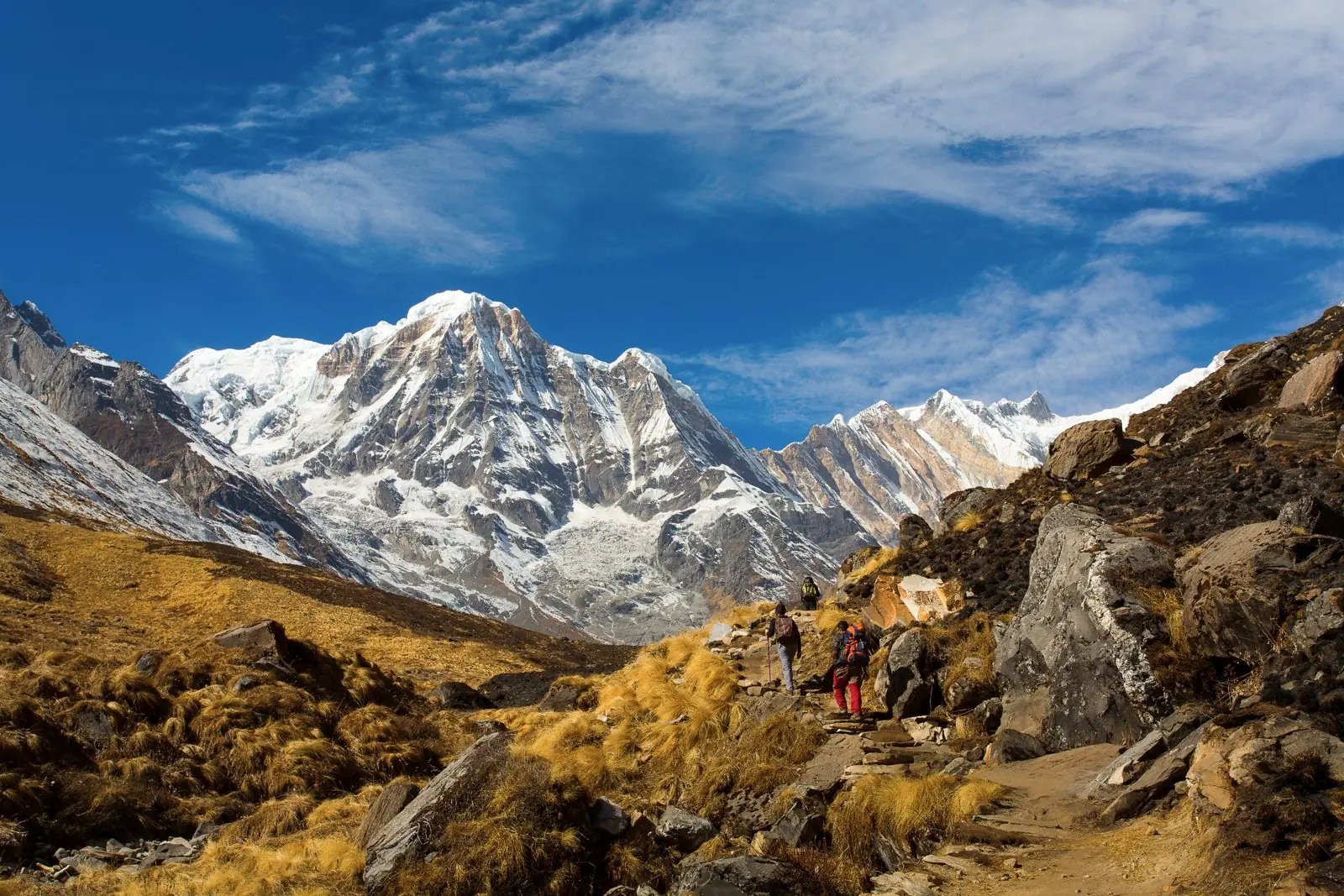 Trail view of the Annapurna range under a blue sky