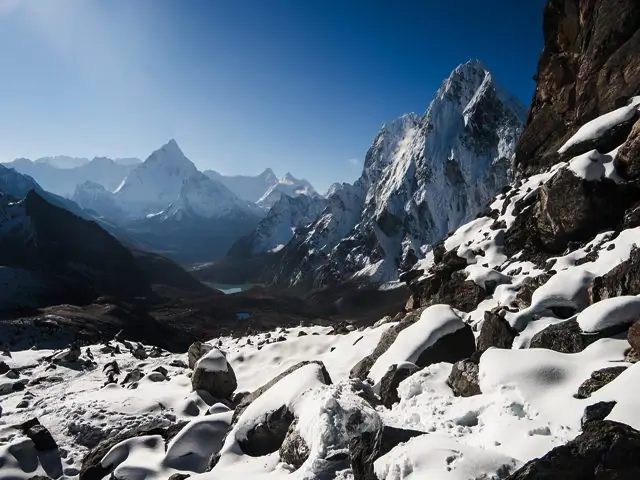 Ama Dablam seen from a snowy boulder field near Cho La