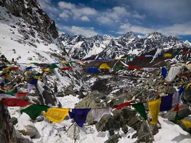 Prayer flags and snow on Cho La pass