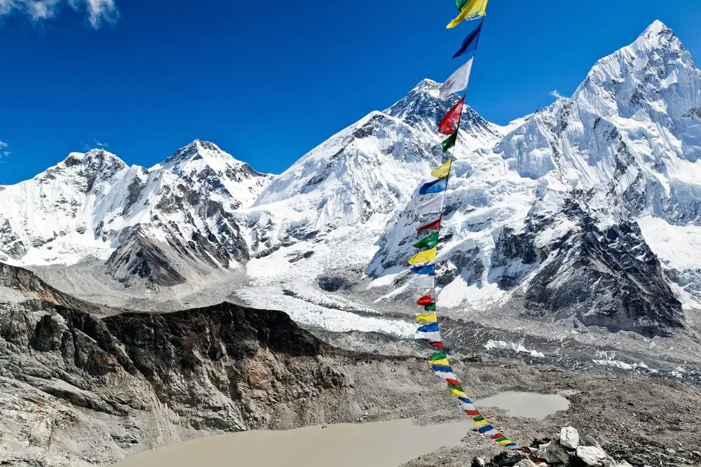 Mount Everest and Nuptse behind prayer flags from Kala Patthar