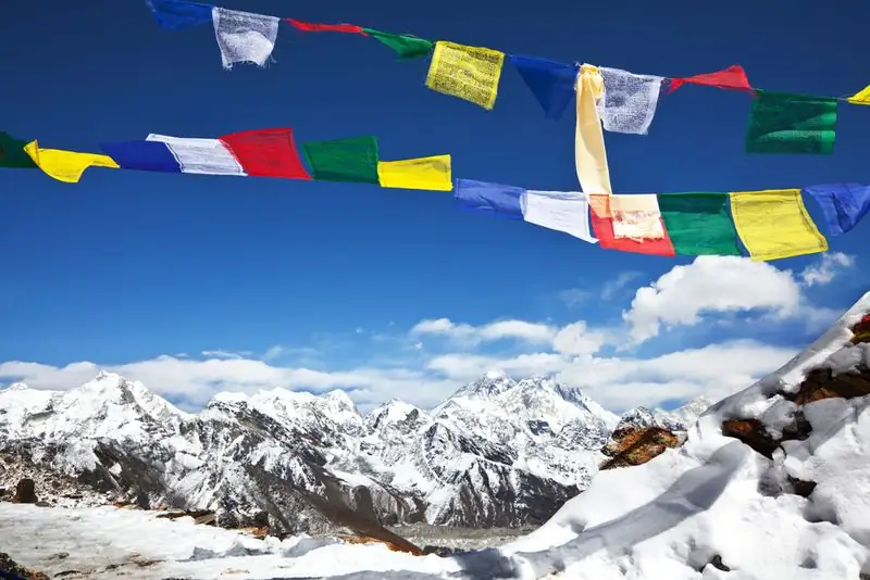 Colourful prayer flags above snowy ridges in the Gokyo region