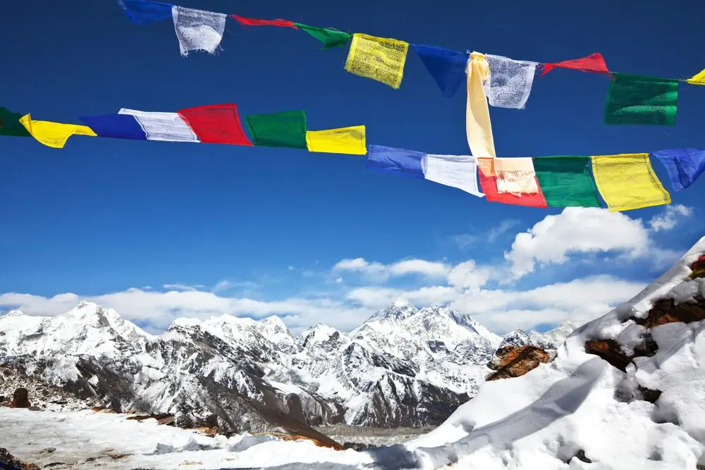 Colourful prayer flags above snowy ridges in the Gokyo region