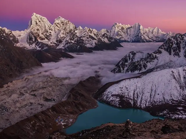 View over the Gokyo Lakes and clouds from Gokyo Ri