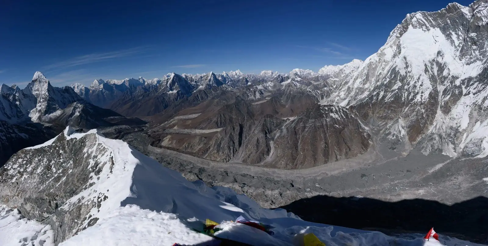 Panorama of a glacier valley and high Himalayan peaks from a ridge