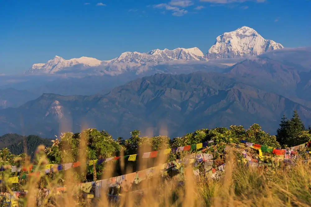 Dhaulagiri and the western Himalaya seen from Poon Hill with prayer flags in the foreground