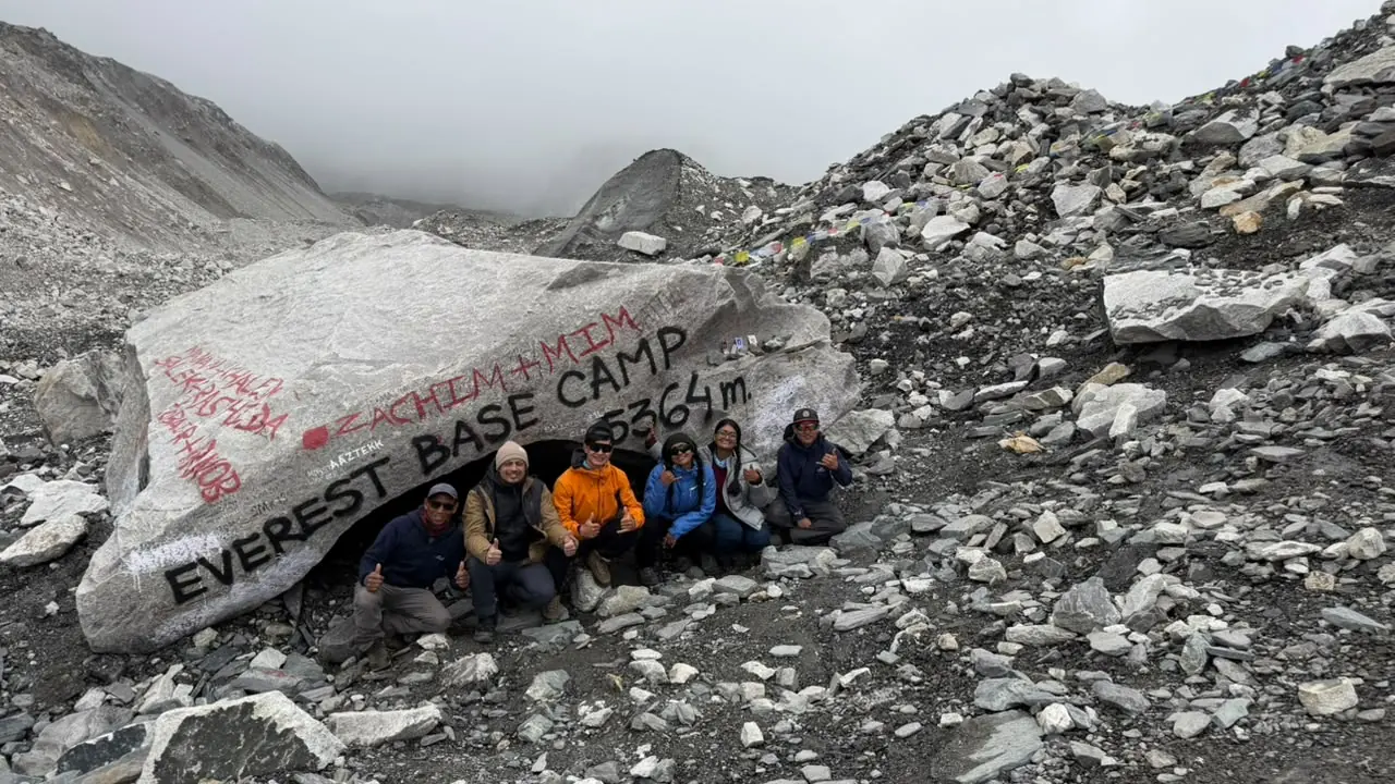 Group photo at the Everest Base Camp marker, 5,364m